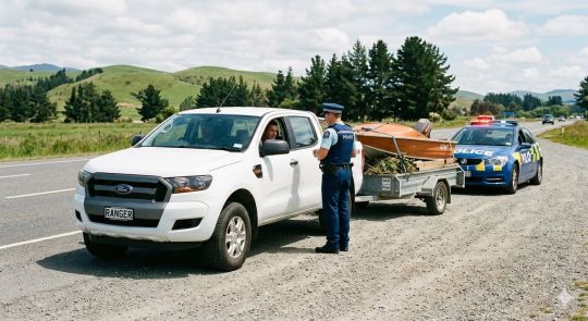 Cop pulling car towing trailer